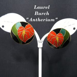 Laurel Burch Antherium Earrings Red Flower Cloisonné Enamel Gold 1980s